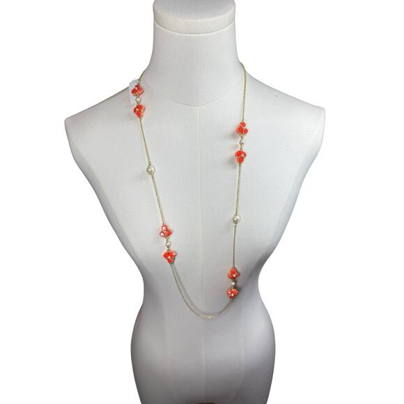 Kate Spade New York Long Station Necklace Enamel Flowers Pearl Gold Tone Retired - Picture 1 of 6